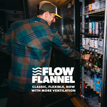 two people on bikes wearing flannel shirts and helmets, promoting FlexTop Flannels