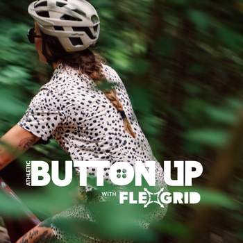 person laying in a camp chair with gloves on, with text overlayed that advertises 'button ups with flexgrid'