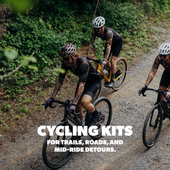 Three cyclists on a trail with text about cycling kits.