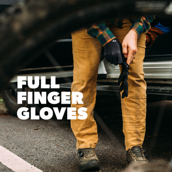 Person wearing full finger gloves with text 'FULL FINGER GLOVES' in a blurred outdoor setting.
