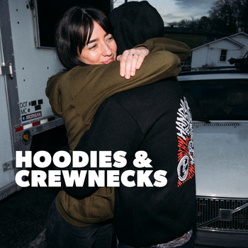 two people hugging in hoodies with the text 'HOODIES & CREWNECKS' overlayed