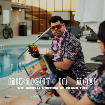 Two people sitting by a pool with a bike in the background, featuring 'Midnight in Maui' text.