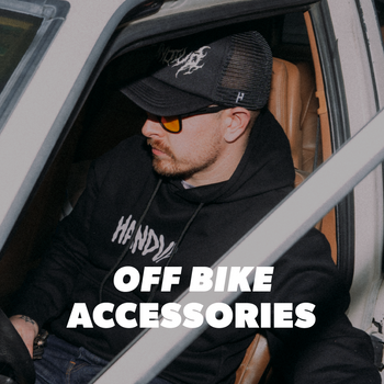 Man sitting in a car with 'Off Bike Accessories' text overlay