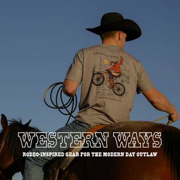 Man on horseback with a lasso in a desert landscape with mountains, featuring 'Western Ways' branding.