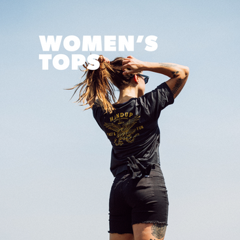 Photo with women riding mountain bikes including the text "women's tops, the perfect crop for every ride"