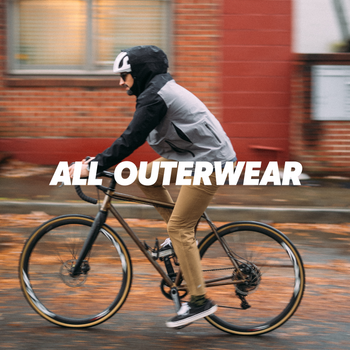 man riding a bike in a rain jacket and tan pants, with 'ALL OUTERWEAR' text overlayed