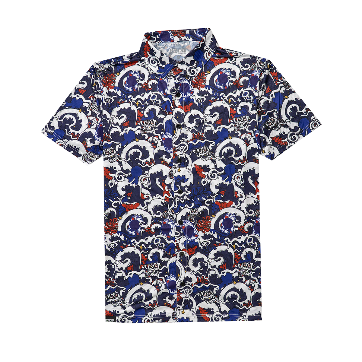 Short-sleeve button up shirt with a blue, red, and white pattern on a white background