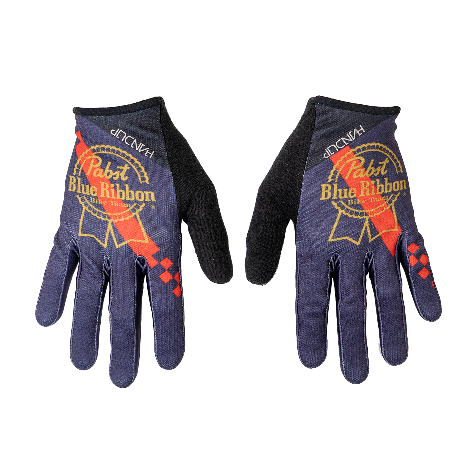 Pair of dark blue gloves with Pabst Blue Ribbon logo