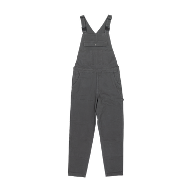 Dark gray canvas bib overalls with adjustable shoulder straps, a chest pocket, and side cargo pockets, shown flat against a white background.