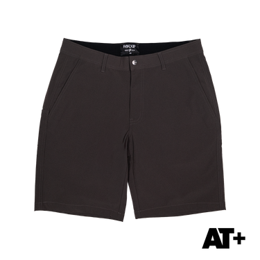 Black shorts with a visible brand label on a white background