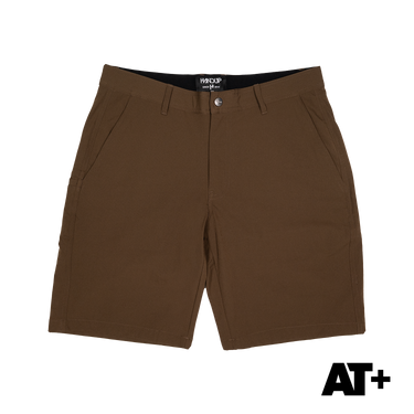 Brown shorts with a visible brand logo on a white background
