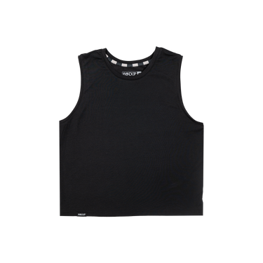 Black tank top with white logo on a white background