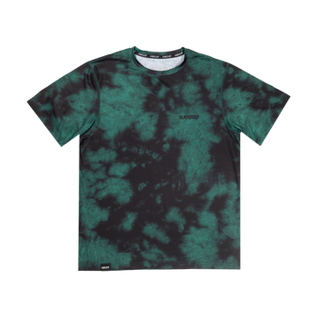 Green and black tie-dye t-shirt with a brand logo on a white background