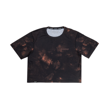 Black tie-dye t-shirt with a brand logo on a white background