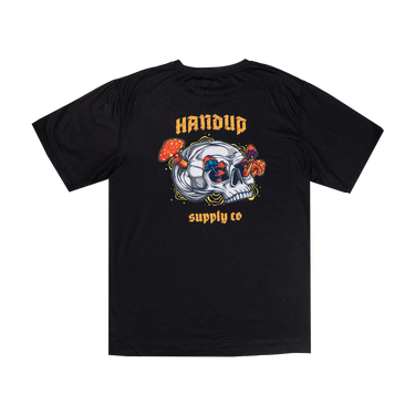 Black t-shirt with a colorful skull design and 'Handup Supply Co' text on a white background