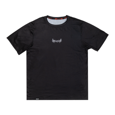Black t-shirt with a logo on a white background