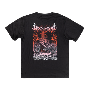 Black t-shirt with a skeleton riding a mountain bike graphic and 'HANDUP' text on a white background