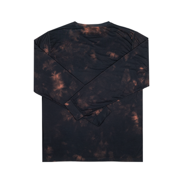 A long-sleeve t-shirt with a dark navy blue base and a copper-brown tie-dye pattern, shown flat against a solid white background.