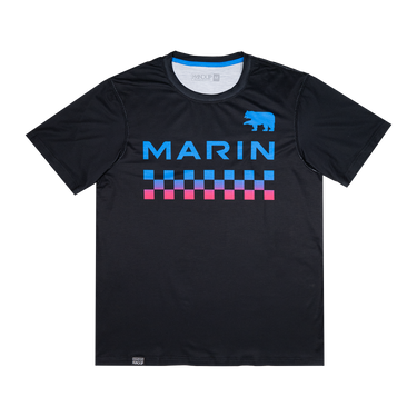 Black t-shirt with blue and pink checkered pattern and 'MARIN' branding on a white background