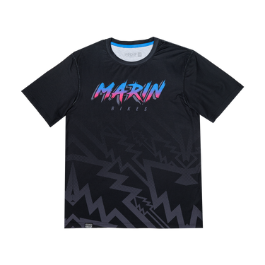 Black t-shirt with colorful 'Marin Bikes' logo on a white background