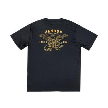 Black t-shirt with yellow graphic and text on a white background