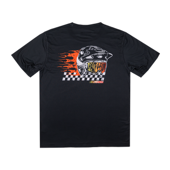 Black t-shirt with a graphic design of a helmet and flames on the back, on a white background.
