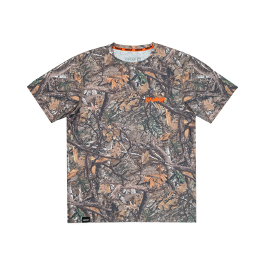 Camouflage-patterned t-shirt with brand logo on a white background
