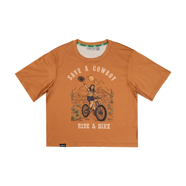 Orange t-shirt with graphic design and text on a white background