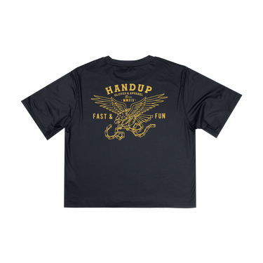 Black t-shirt with gold graphic and text on a white background