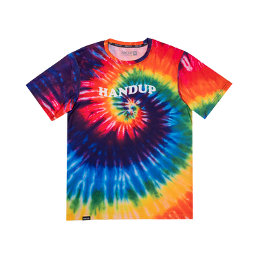 Tie-dye t-shirt with 'HANDUP' text on a white background