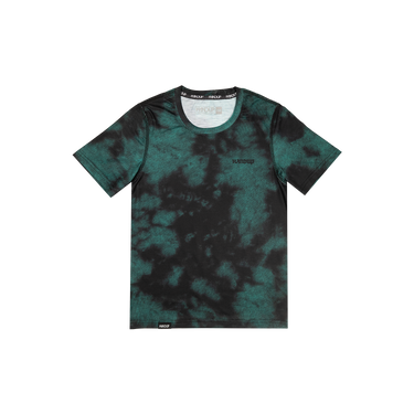 Green tie-dye t-shirt with a brand logo on a white background
