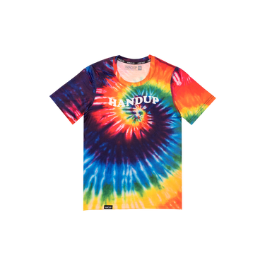 Colorful tie-dye t-shirt with 'Handup' text on a white background