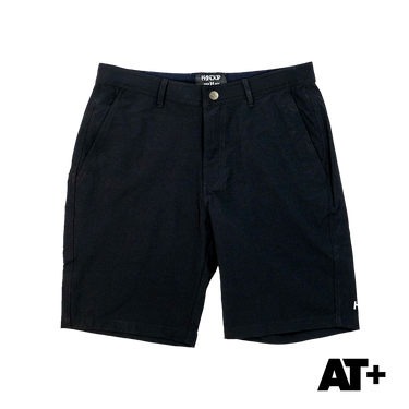 Black shorts with a brand logo on a white background