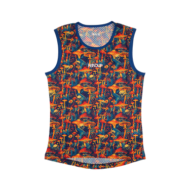 Colorful sleeveless shirt with nature-themed pattern on a white background