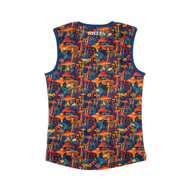 Colorful sleeveless shirt with mushroom pattern on a white background