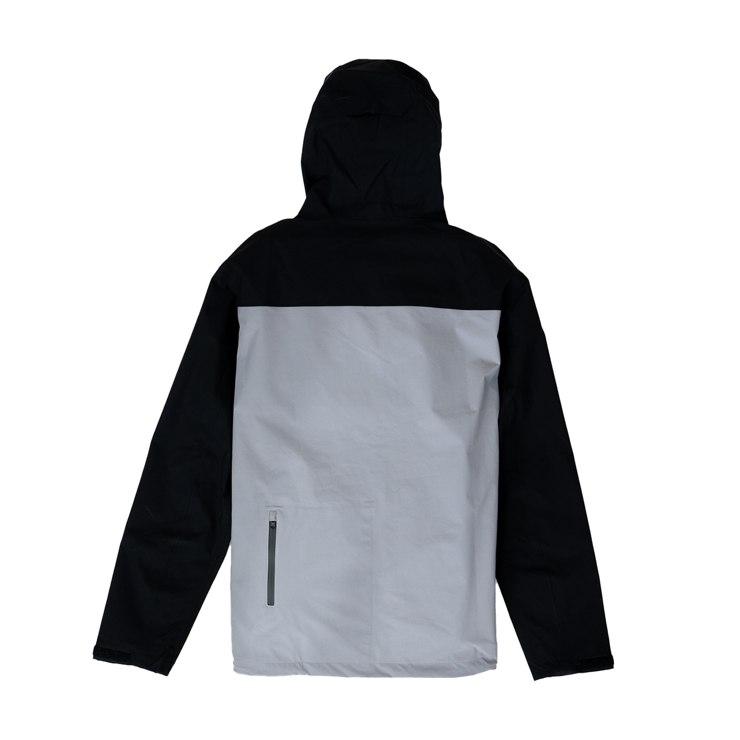 Two-tone black and gray jacket with a hood on a white background