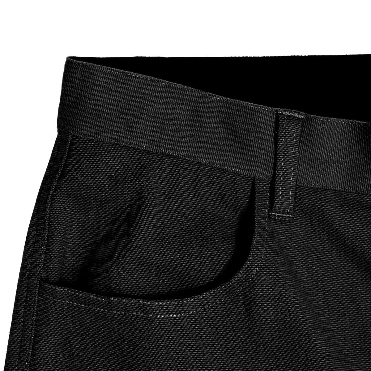 Close-up of black pants with a pocket on a white background