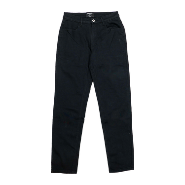 A pair of plain black jeans laid out flat on a surface.