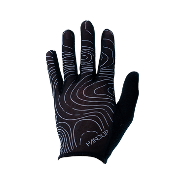 A black mountain glove with white topo map lines and the brand 'Handup' visible on the back.