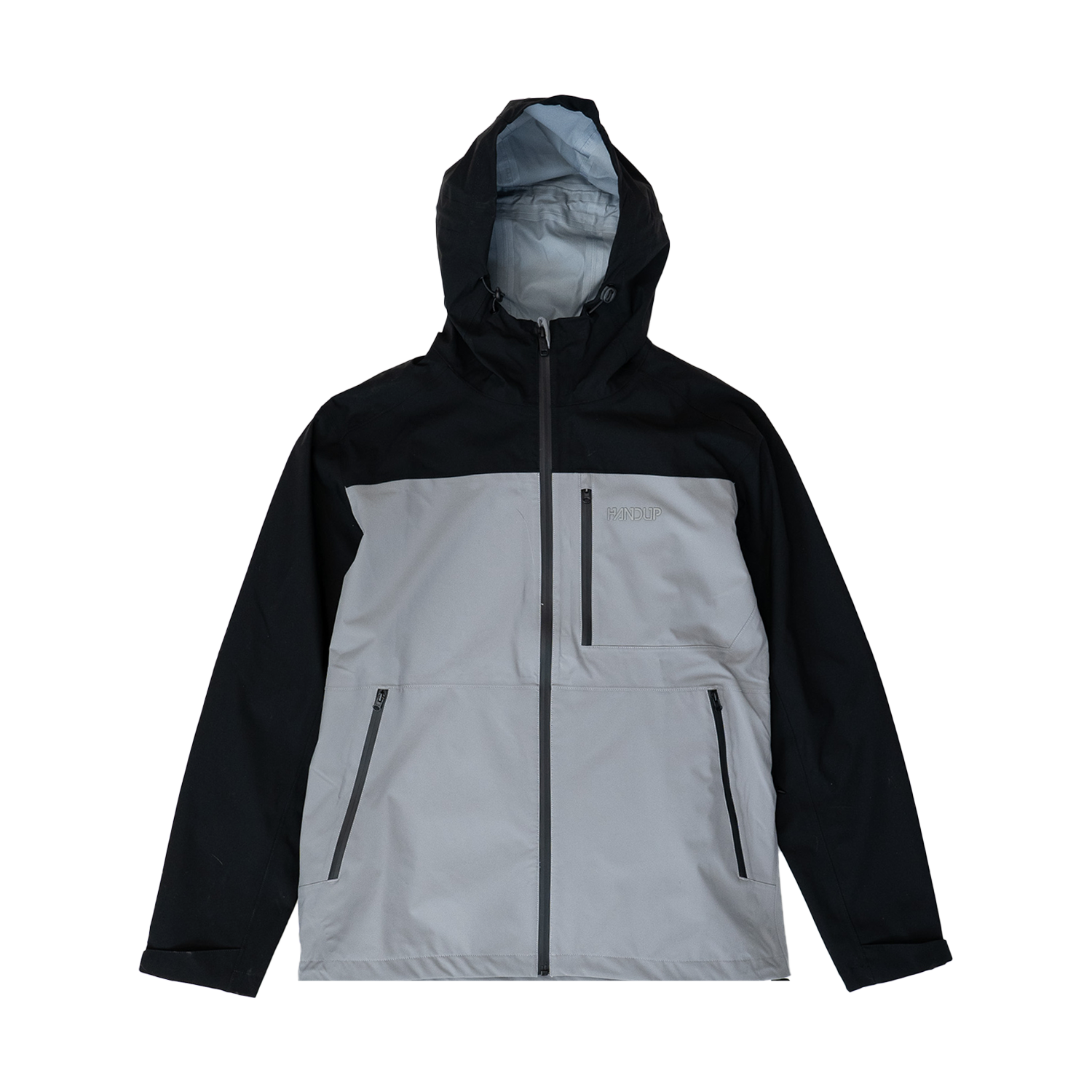 A hooded jacket with zip pockets, predominantly dark grey, with light grey panels on the chest and lower sleeves.