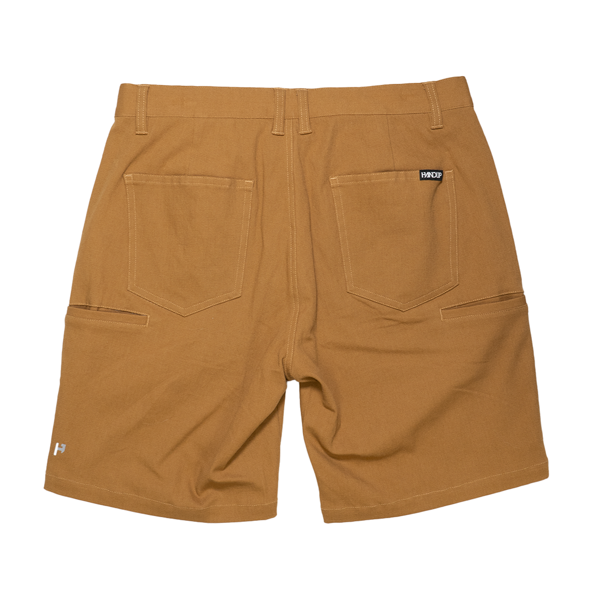 Brown shorts with a visible brand logo on a white background