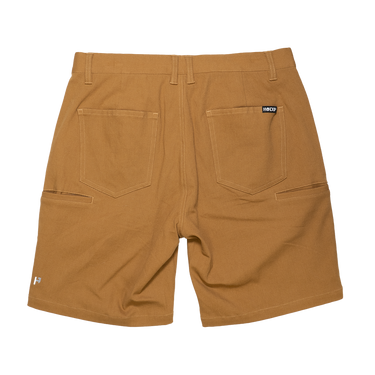 Brown shorts with a visible brand logo on a white background