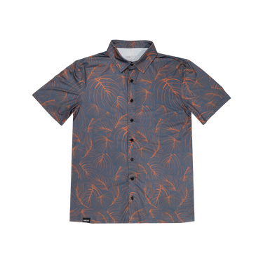 Short-sleeve shirt with orange leaf pattern on a white background