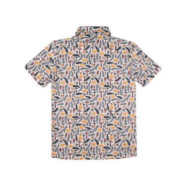 Short-sleeve shirt with nature-themed pattern on a white background