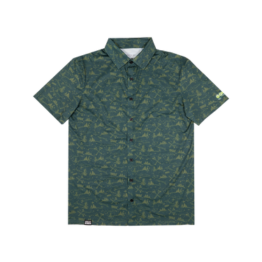 A short-sleeve button-up shirt in dark green with an all-over light green dinosaur pattern, shown flat against a white background.