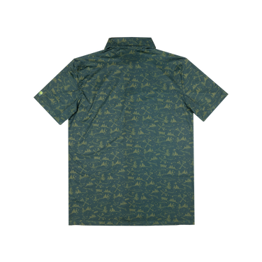 A short-sleeve button-up shirt shown from the back, featuring an all-over repeating camouflage-style pattern of fishing rods, hooks, and fish in olive green on a dark teal-green background.