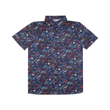 Navy blue shirt with colorful abstract pattern on a white background