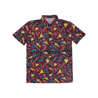 button up shirt with a pink, yellow and blue geometric pattern on a white background
