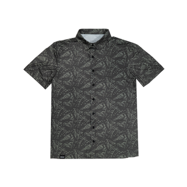 button up shirt with a dark green floral pattern on a white background