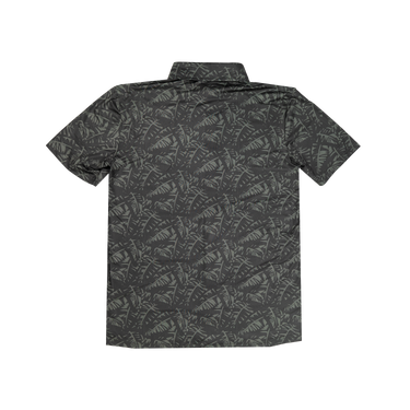 button up shirt with a dark green floral pattern on a white background